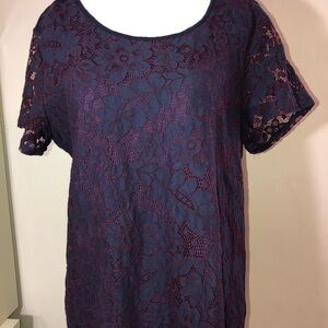 TRULY POPPY  Navy Plum Lace Overlay Front Short Sleeve Blouse Sz L